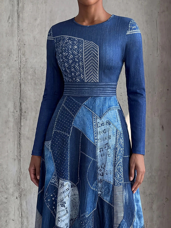 Denim-Print Maxi Dress
