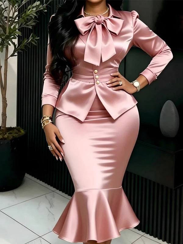 Tie-Neck Shirt & Skirt Set