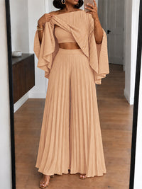 Pleated Boat-Neck 3PC Pants Set
