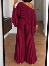 Pleated Boat-Neck 3PC Pants Set