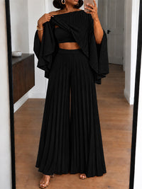 Pleated Boat-Neck 3PC Pants Set