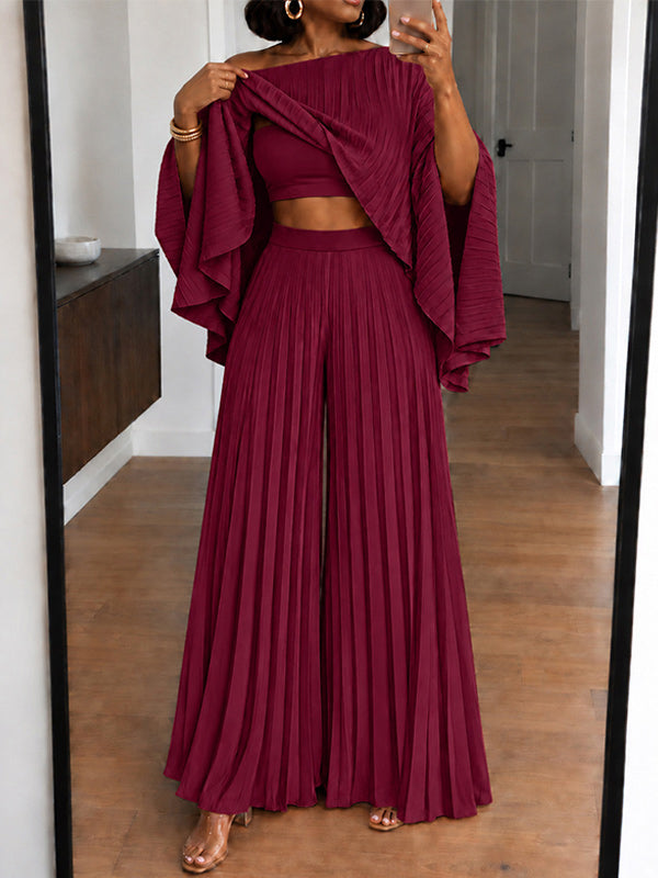 Pleated Boat-Neck 3PC Pants Set
