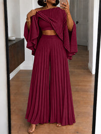 Pleated Boat-Neck 3PC Pants Set