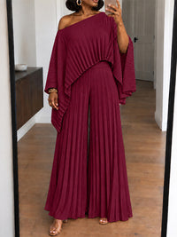 Pleated Boat-Neck 3PC Pants Set