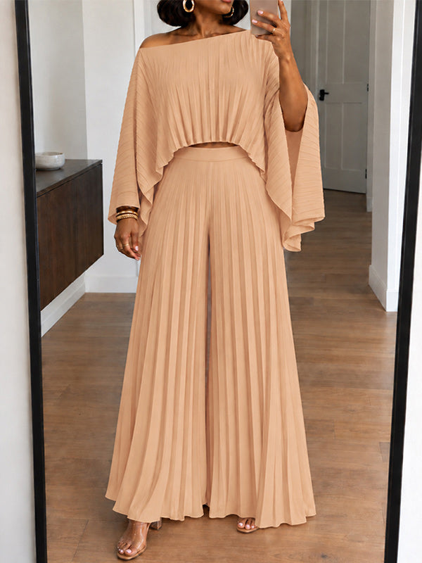 Pleated Boat-Neck 3PC Pants Set