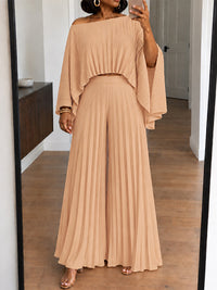 Pleated Boat-Neck 3PC Pants Set