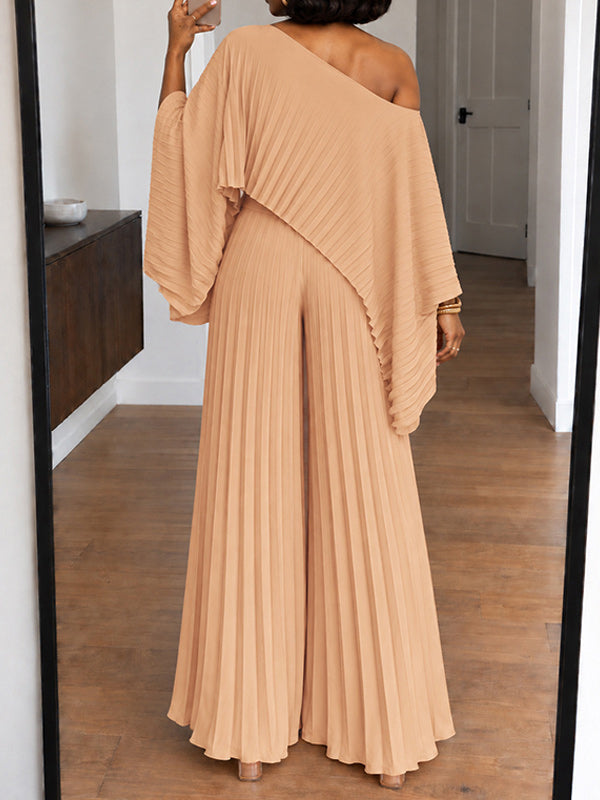 Pleated Boat-Neck 3PC Pants Set
