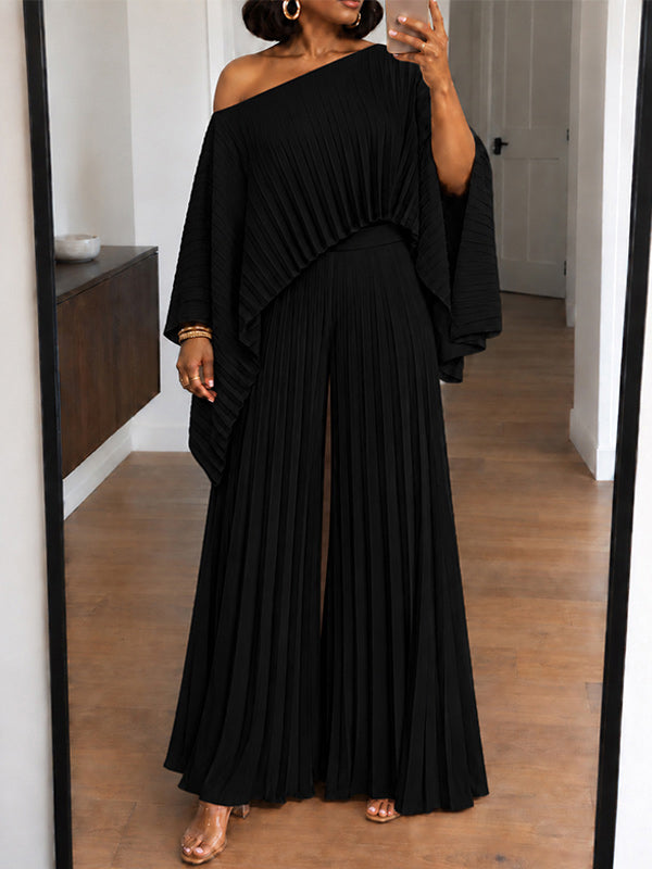 Pleated Boat-Neck 3PC Pants Set