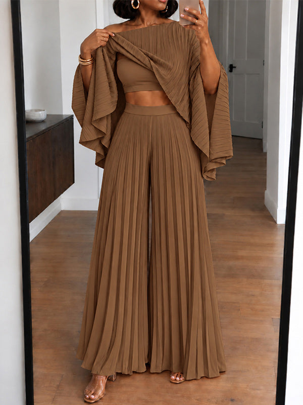 Pleated Boat-Neck 3PC Pants Set
