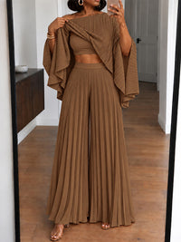 Pleated Boat-Neck 3PC Pants Set