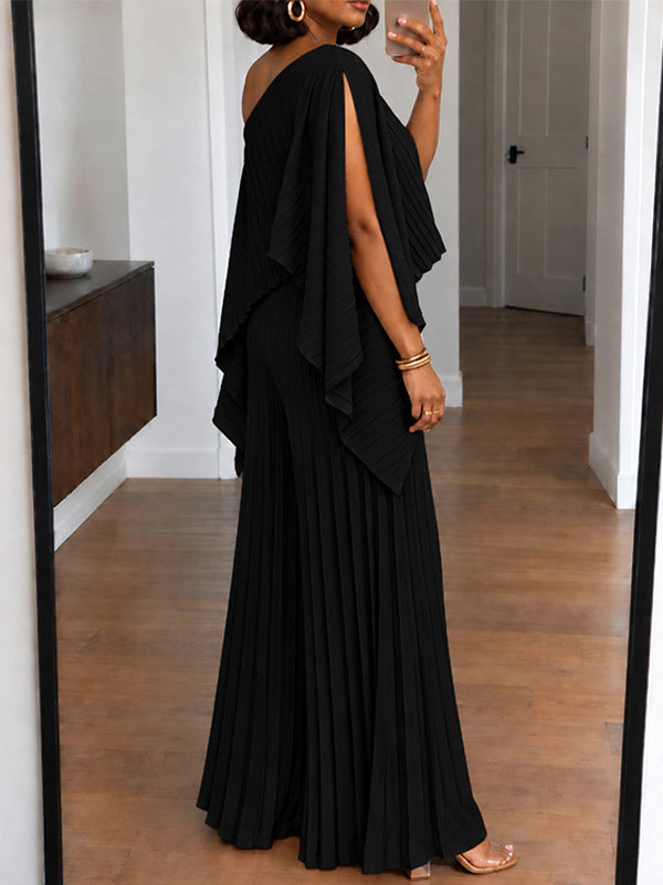 Pleated Boat-Neck 3PC Pants Set