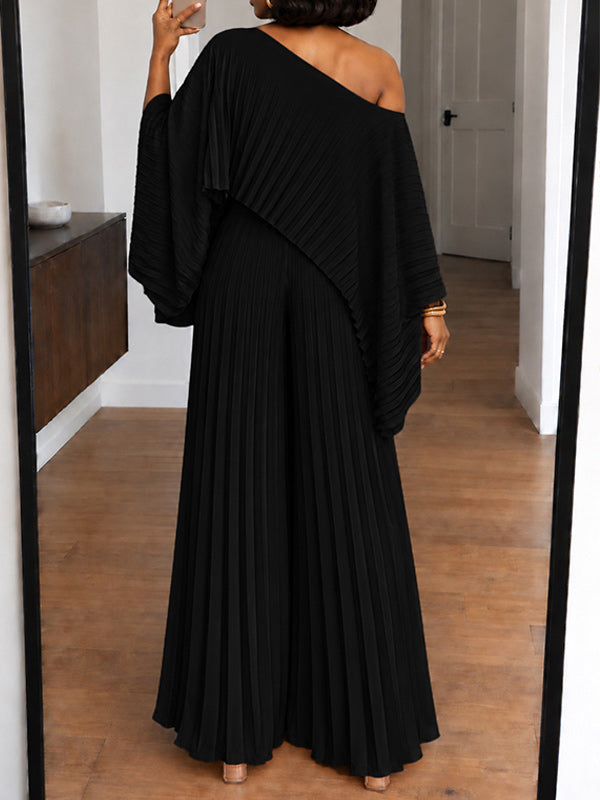 Pleated Boat-Neck 3PC Pants Set