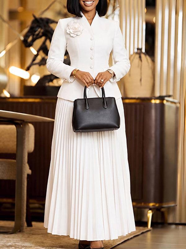 3D Floral Blazer & Pleated Skirt Set