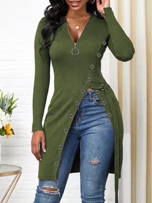 Beautiedoll Zip-Front Slit Ribbed Tunic