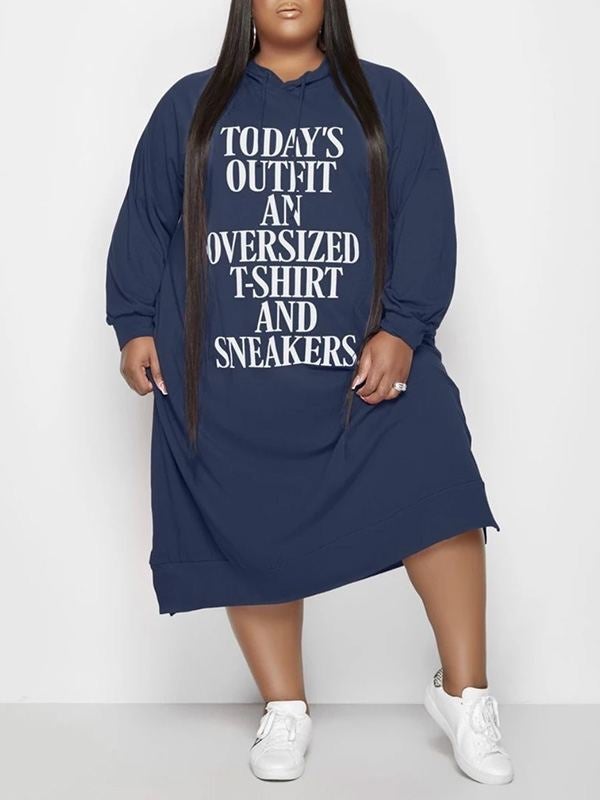 Plus Size Slogan Side-Slit Hoodie Dress