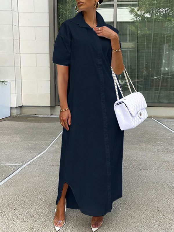 Short-Sleeve Slit Shirt Dress