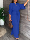 V-Neck Drawstring Slit Dress