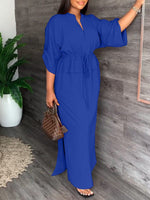 V-Neck Drawstring Slit Dress