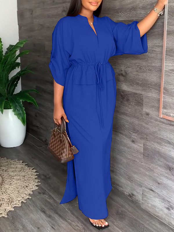 V-Neck Drawstring Slit Dress