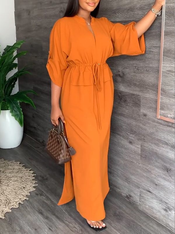 V-Neck Drawstring Slit Dress