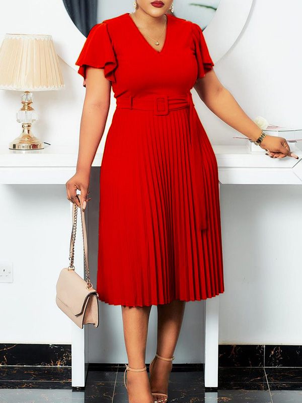 Ruffle Belted Pleated Dress