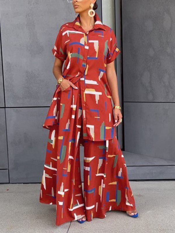 Beautiedoll Printed Tunic Shirt & Wide-Leg Pants Set
