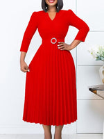 Solid Belted Pleated Dress
