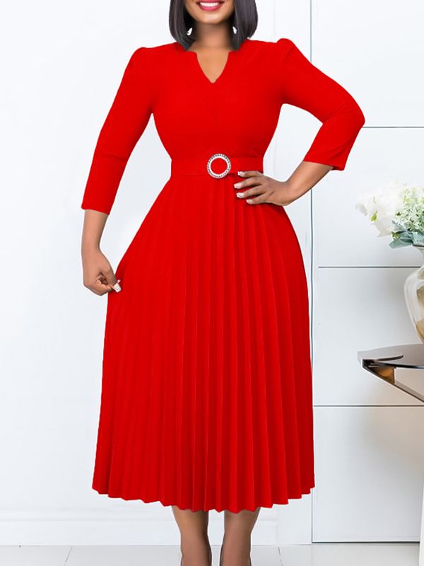 Solid Belted Pleated Dress