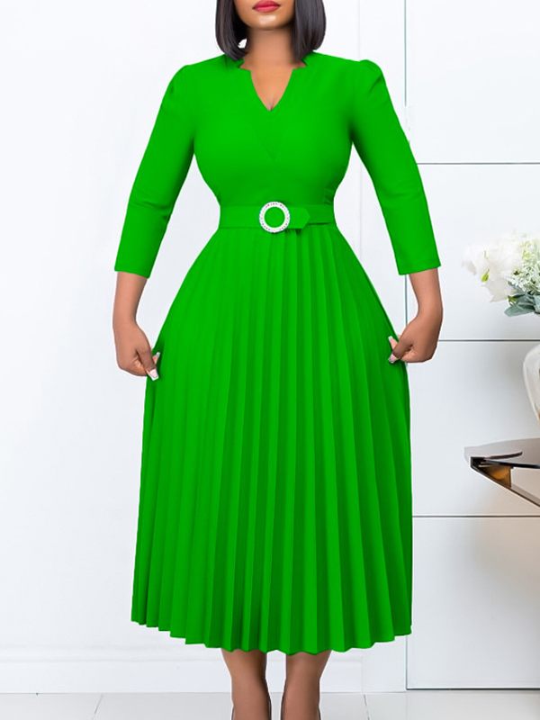 Solid Belted Pleated Dress
