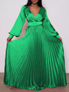 V-Neck Belted Pleated Dress