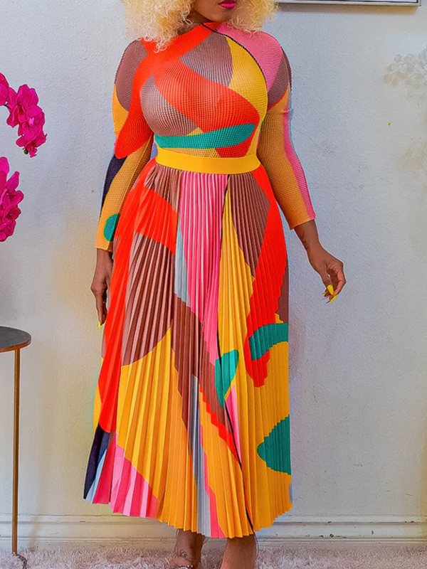 Colorblock Top & Pleated Skirt Set
