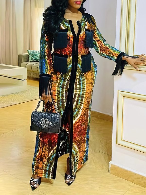Beautiedoll Printed Fringe-Combo Zip-Front Dress