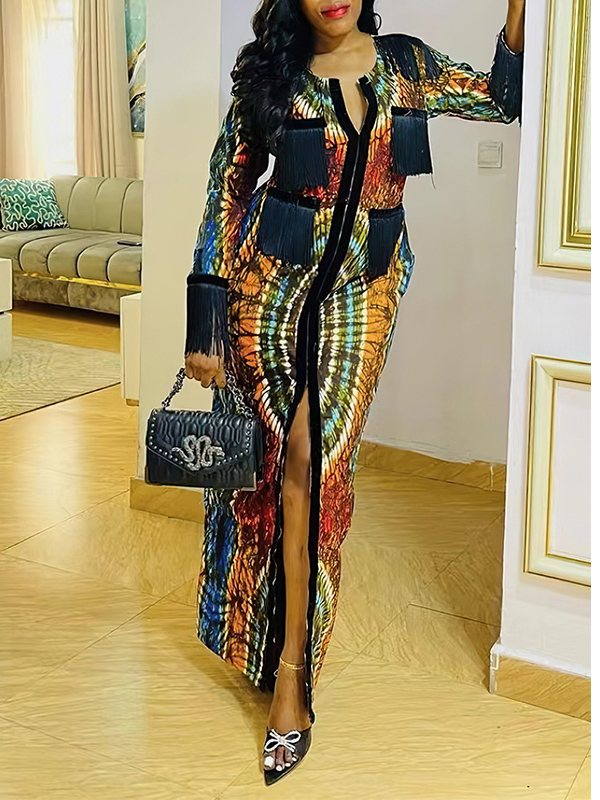 Beautiedoll Printed Fringe-Combo Zip-Front Dress