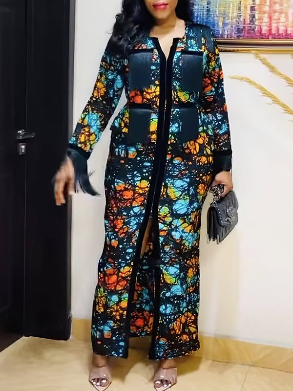 Beautiedoll Printed Fringe-Combo Zip-Front Dress