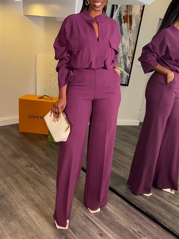 Beautiedoll V-Neck Shirt & Wide-Leg Pants Set