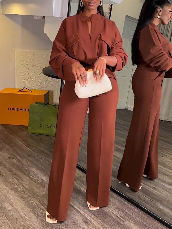 Beautiedoll V-Neck Shirt & Wide-Leg Pants Set