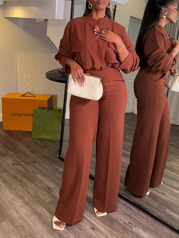 Beautiedoll V-Neck Shirt & Wide-Leg Pants Set