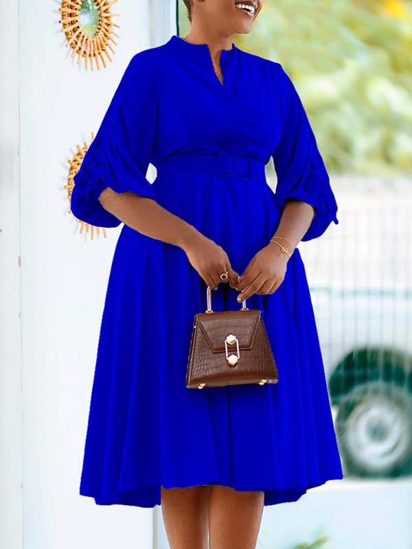 Ruched-Sleeve Belted Dress
