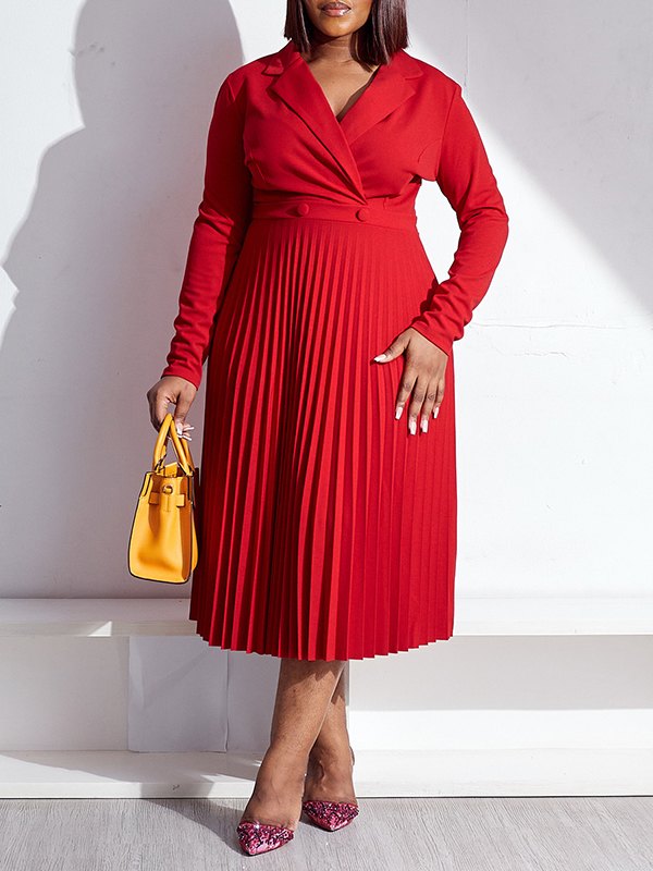Solid V-Neck Pleated Dress