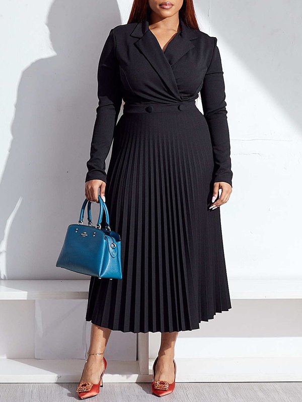 Solid V-Neck Pleated Dress