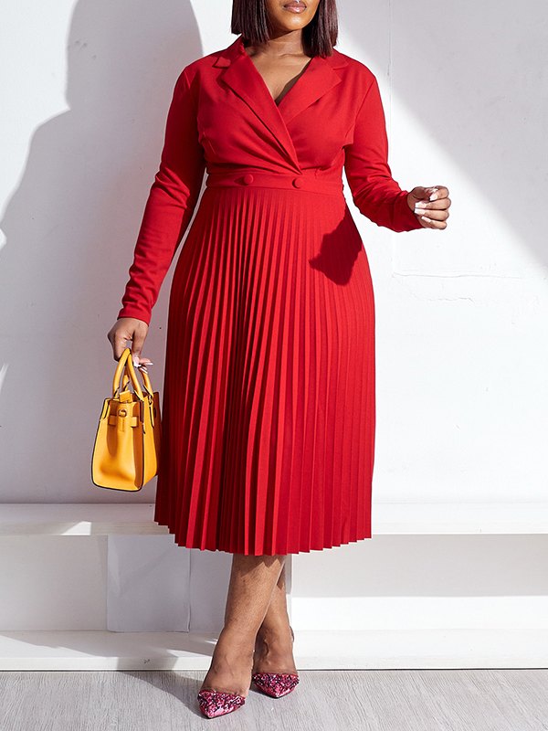 Solid V-Neck Pleated Dress