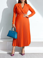 Solid V-Neck Pleated Dress