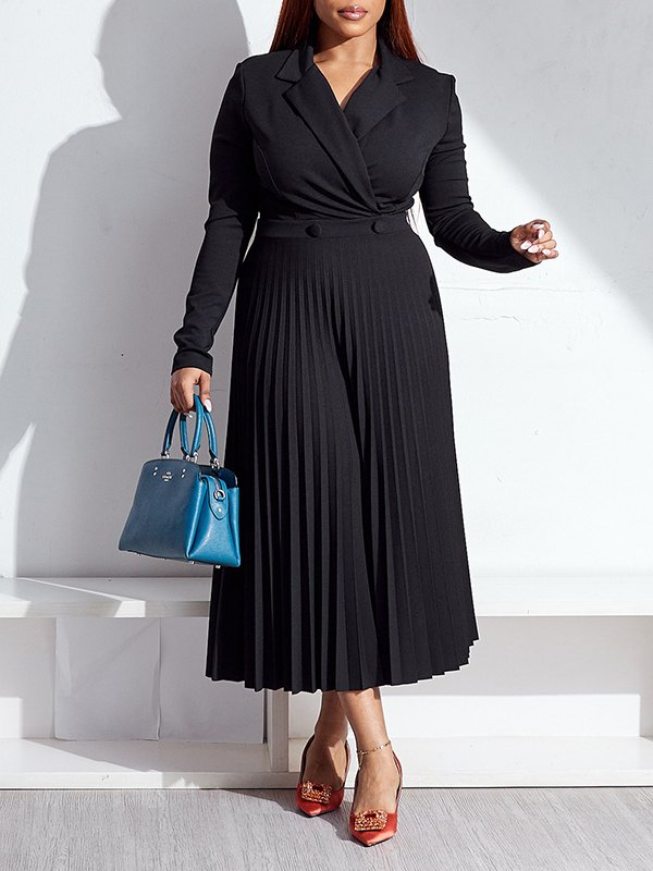Solid V-Neck Pleated Dress