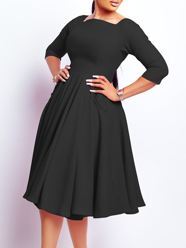 Solid Square-Neck Midi Dress
