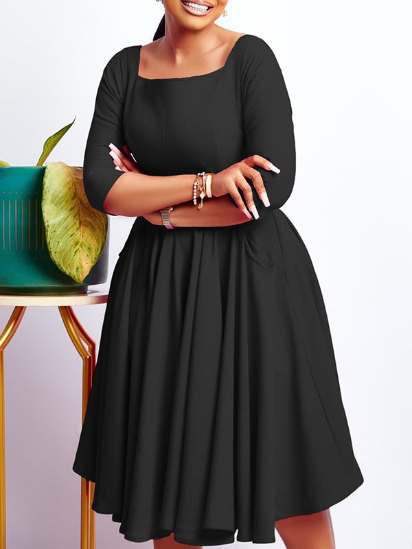 Solid Square-Neck Midi Dress