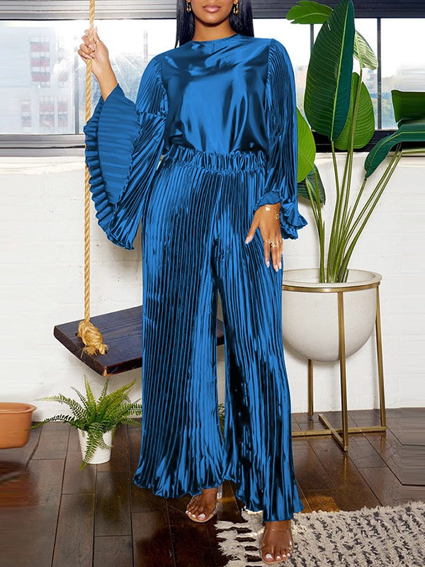 Bell-Sleeve Top & Pleated Pants Set
