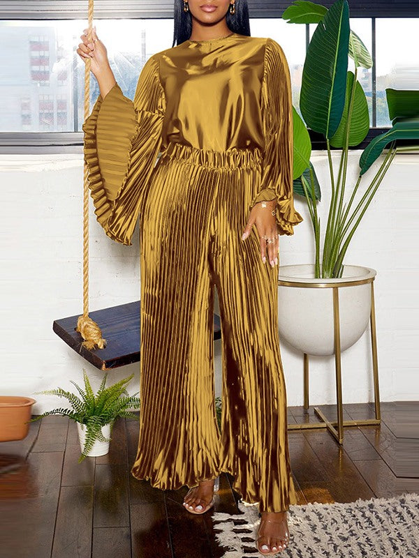Bell-Sleeve Top & Pleated Pants Set