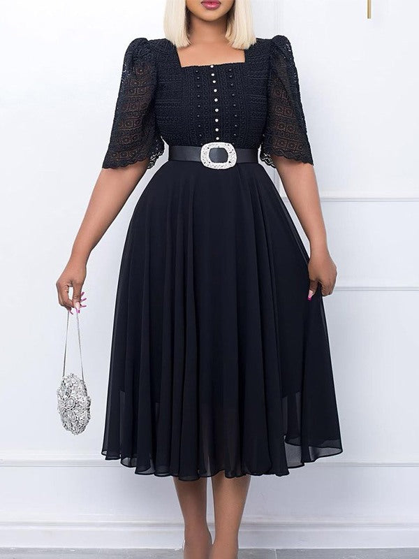 Lace Combo Belted Dress