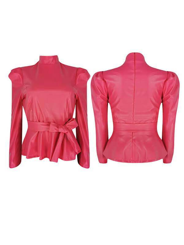 Faux Leather Turtleneck Belted Top